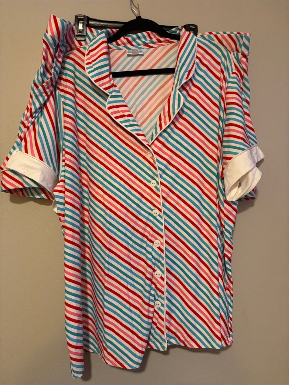 LuLaRoe Striped Button-Up Pajama Top in Red, Teal, White NWOT